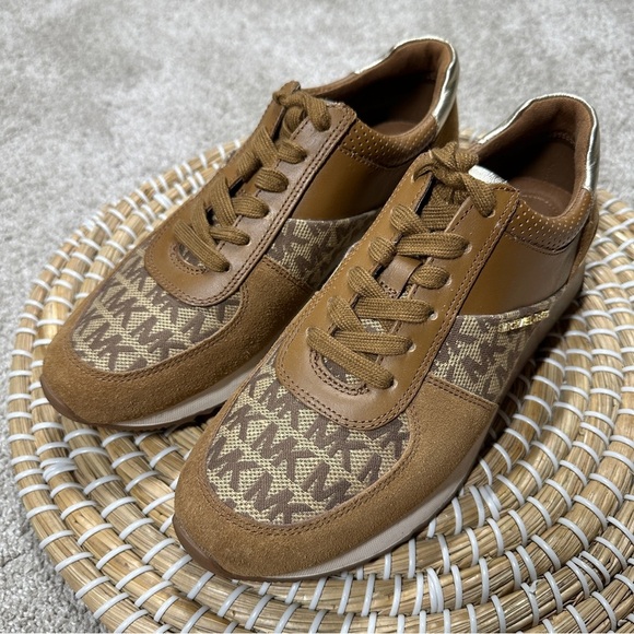 Michael Michael Kors Monique Monogram Trainer Shoes Sneakers Lace-Up in Tan 7 - Picture 4 of 11